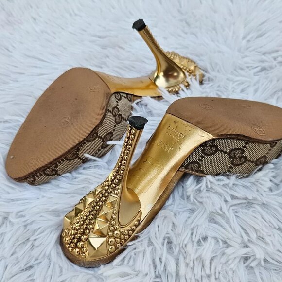 Gucci Women Heel Sandal GG Web Gold Tone Buttom Made Italy Size 34.5 - Picture 12 of 14